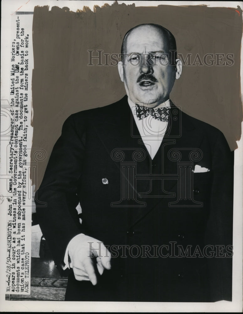 1950 Press Photo John Owens, Secy-Treasurer of United Mine Workers, in court- Historic Images