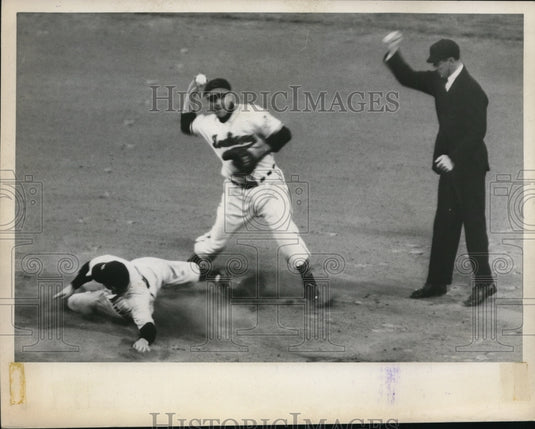 1949 Press Photo Cleveland Indians tags out another teams player - net29851- Historic Images