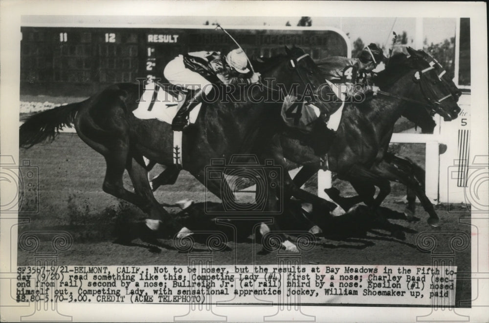 1949 Press Photo Competing Lady, Charley Baadm Bullreigh Jr at Belmont CA race- Historic Images