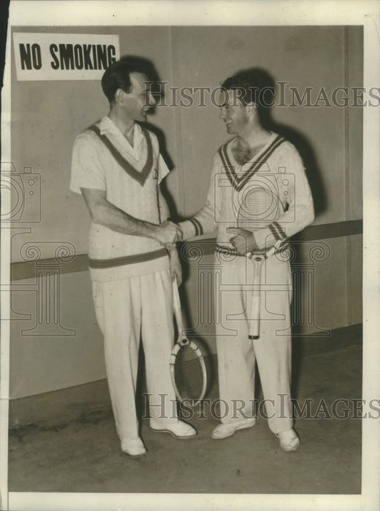 1934 Press Photo Jean Borotra & Gregory Mangin Shake Hands Before Men's National- Historic Images