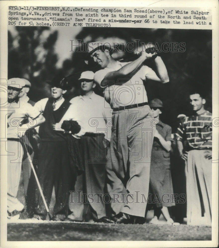 1950 Press Photo Sam Snead tees off from sixth tee at North &amp; South Tournament- Historic Images