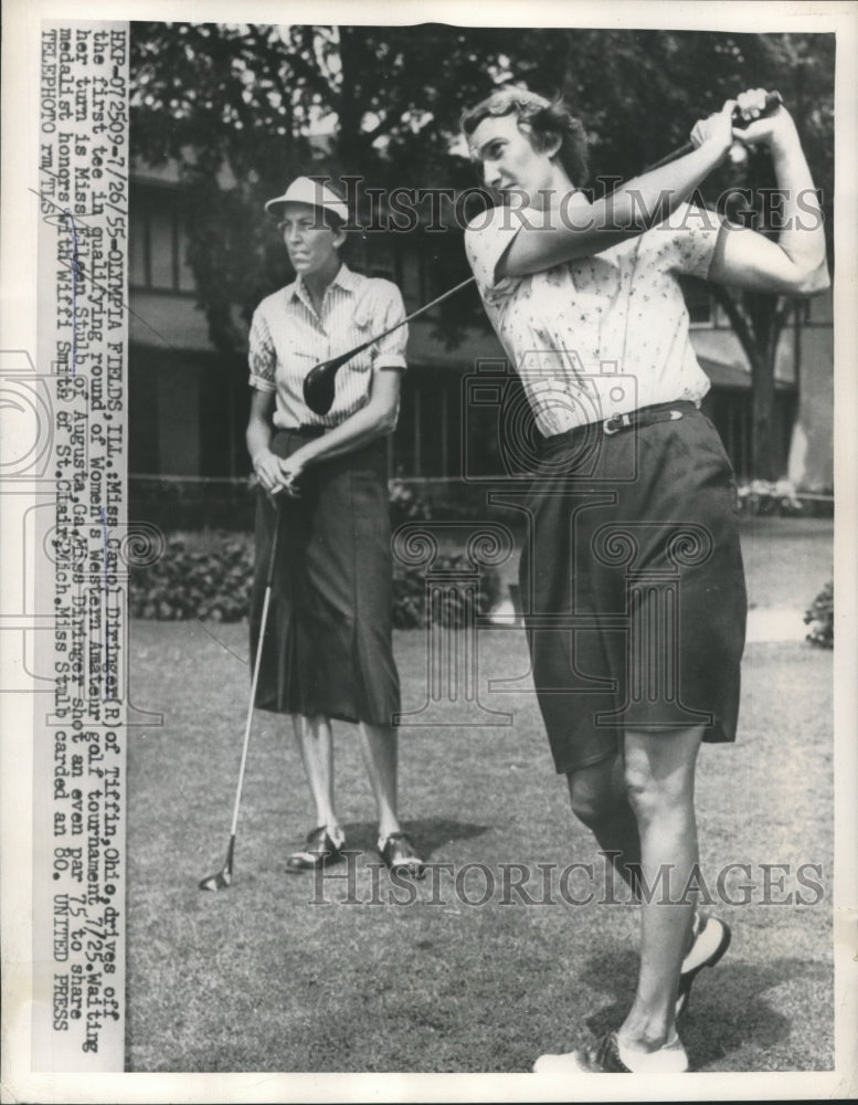 1955 Press Photo Carol Diringer Drives Off 1st Tee in Qualifying Golf Round- Historic Images