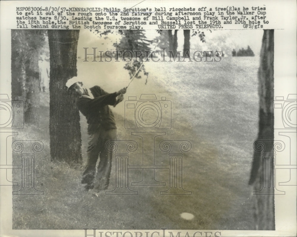 1957 Press Photo Phillip Scrutton Ball Ricochets as He Tries to Hit Out of Rough- Historic Images