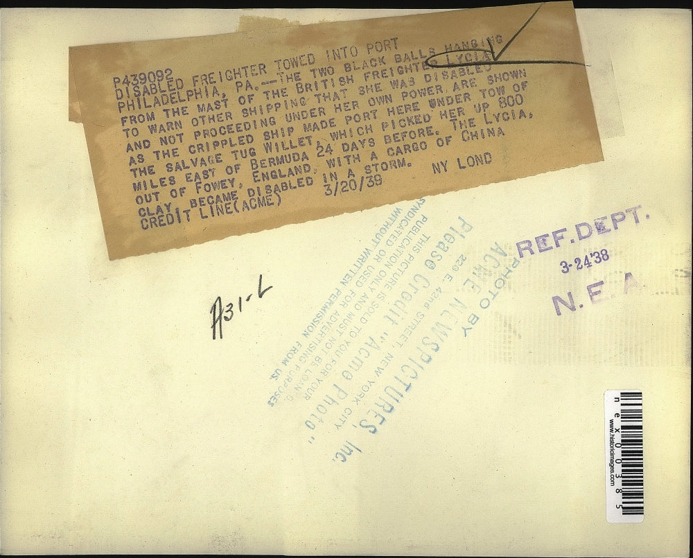 1939 Press Photo Black Ball From Mast of British Freighter Lycia