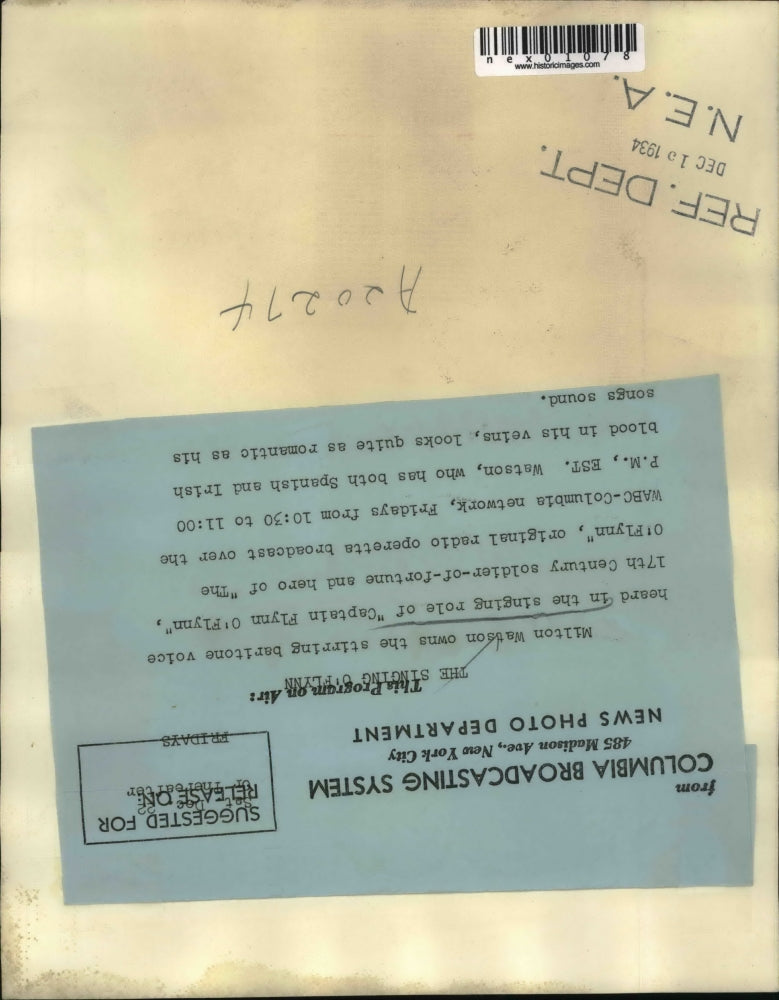 1934 Press Photo Milton Watson, Baritone in "Captain Flynn O'Flynn"