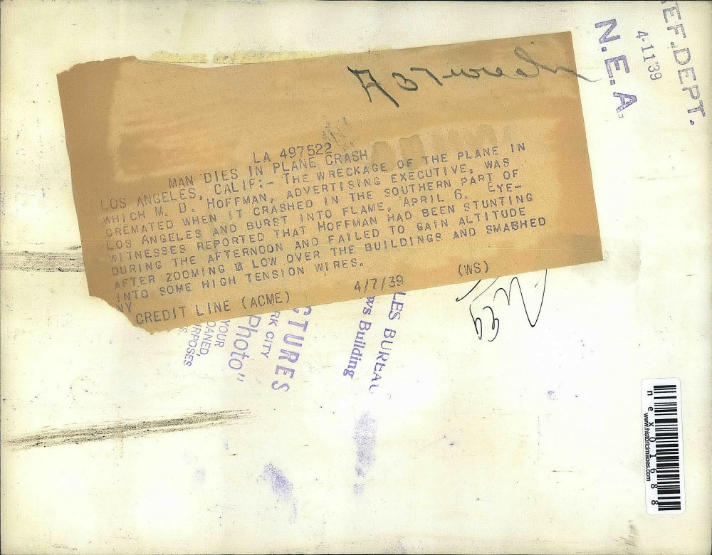 1939 Press Photo Plane Wreckage of M.D. Hoffman, Los Angeles, California