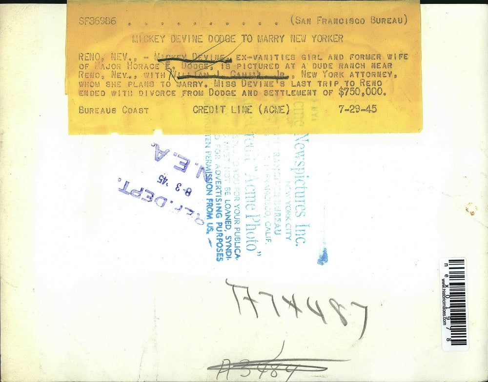 1945 Press Photo Mickey Devine, Former Wife, Horace Dodge, William J. Cahill