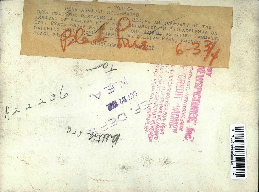 1932 Press Photo John Janso, John Whipple, Arrival of William Penn Celebration