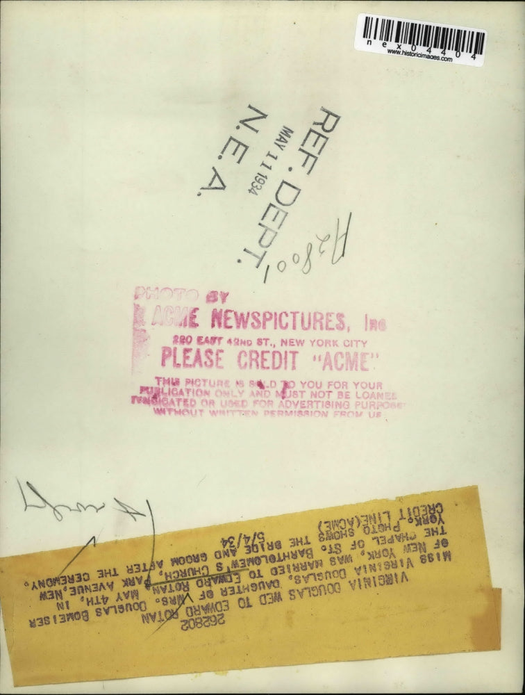 1934 Press Photo Virginia Douglas Weds Edward Rotan, Douglas Bomeiser, New York