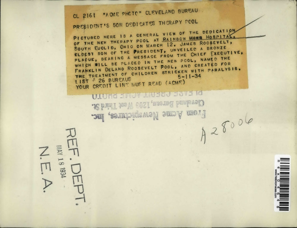 1934 Press Photo James Roosevelt Son of President Dedicates Therapy Poll