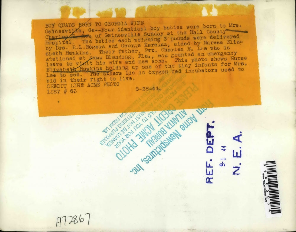 1944 Press Photo Mrs Charles Lee Gives Birth to 4 Boys - nex05034