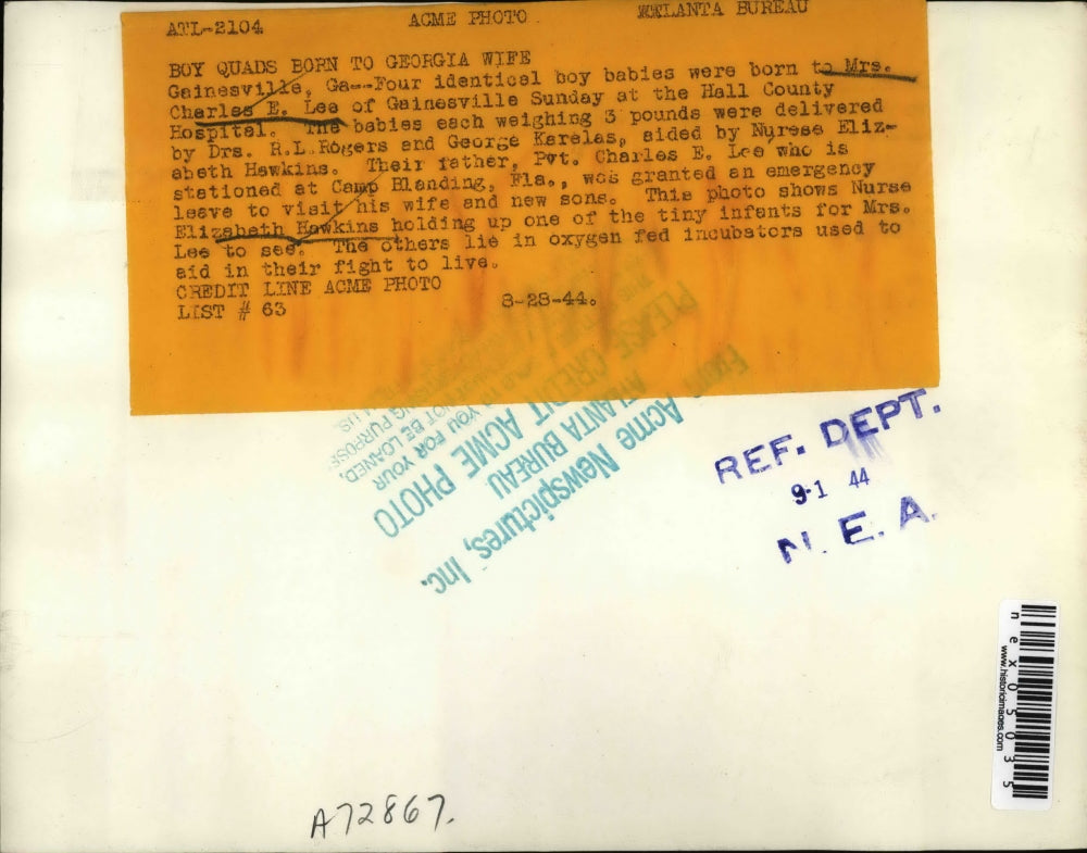 1944 Press Photo Mrs Charles Lee Gives Birth to 4 Boys - nex05035