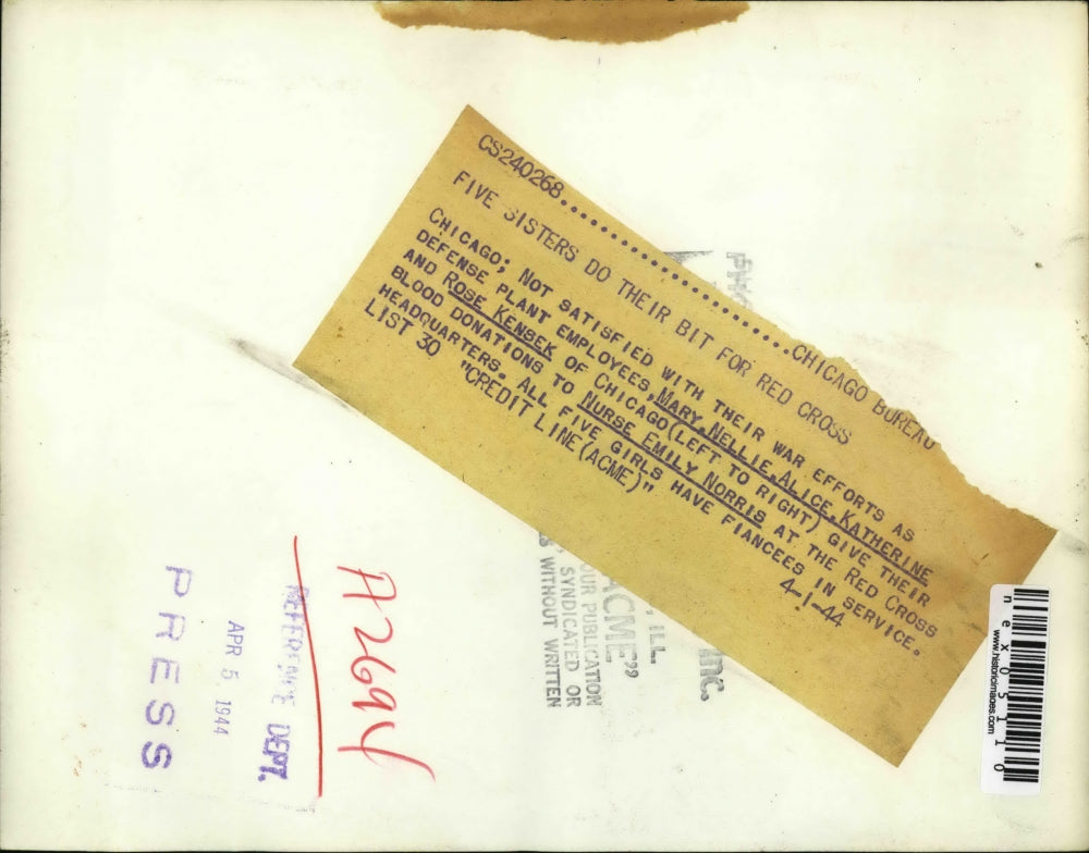 1944 Press Photo Red Cross Emily Morris, Mary, Nellie, Alice, Rose and K. Kensek