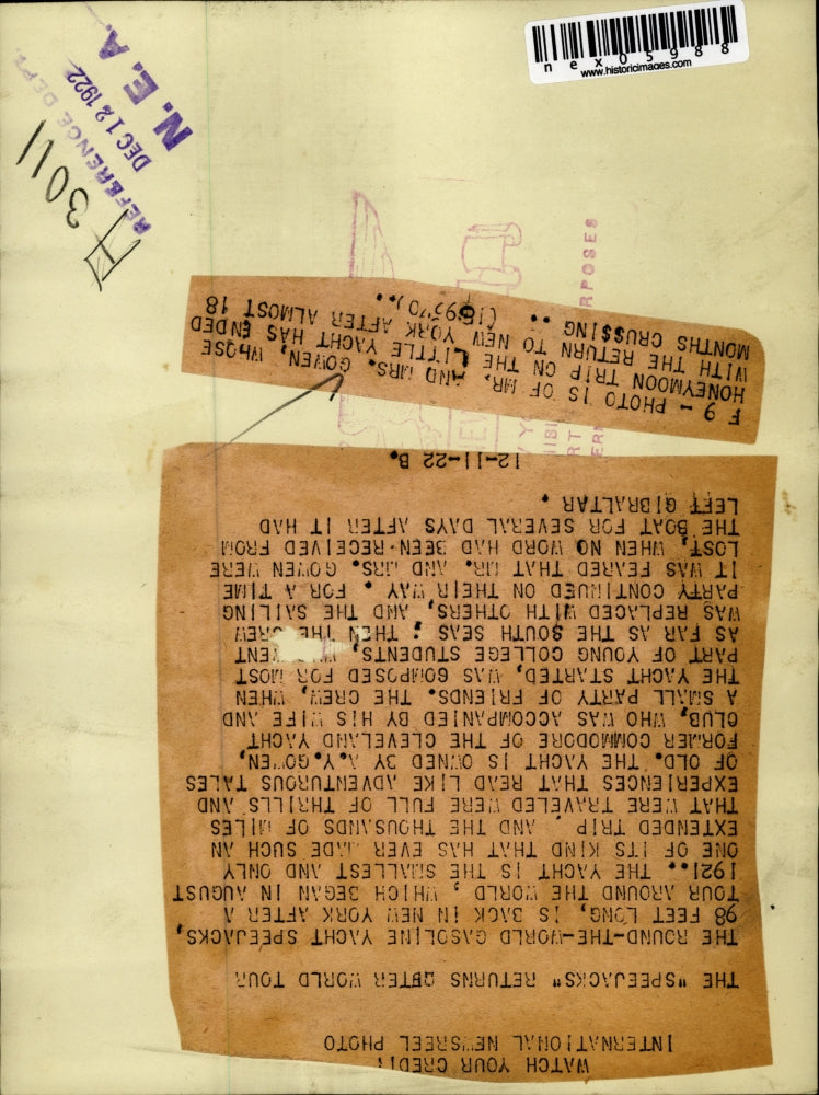 1922 Press Photo Mr. & Mrs. Gowen, whose honeymoon trip on the little yacht has