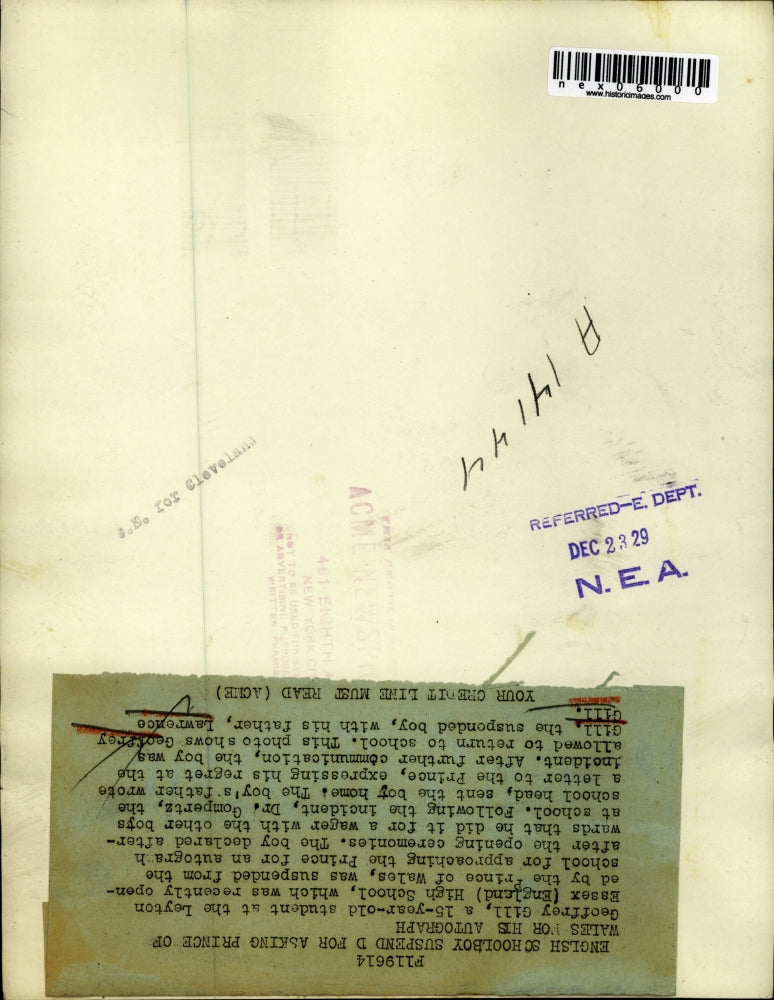 1929 Press Photo Geoffrey Gill suspended from Leyton Essex High School with his