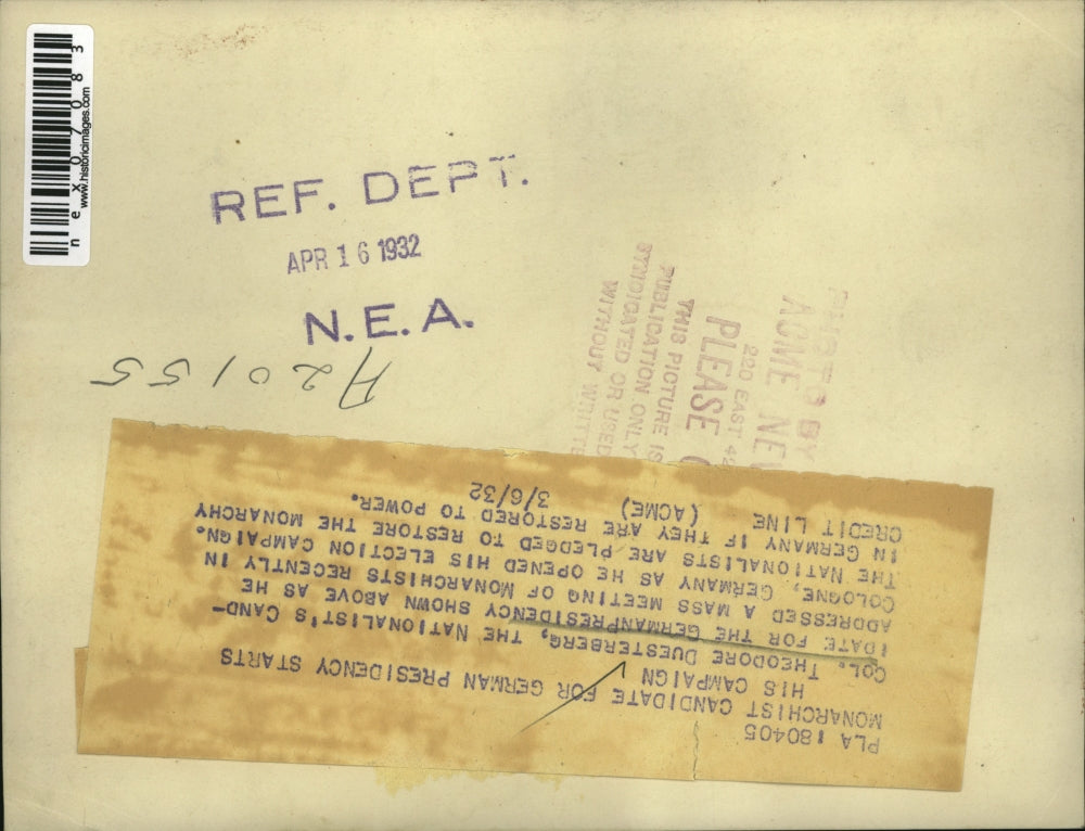 1932 Press Photo Colonel Theodore Duesterberg Nationalist Candidate German