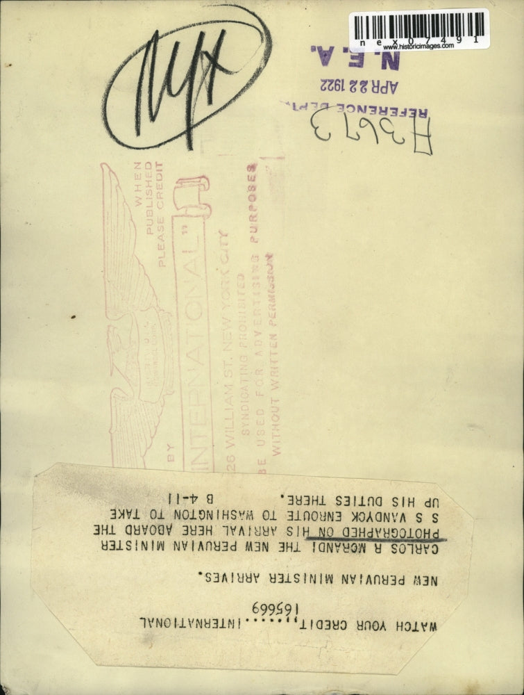 1922 Press Photo Carlos Mcrandi as he arrived in Washington - nex07491