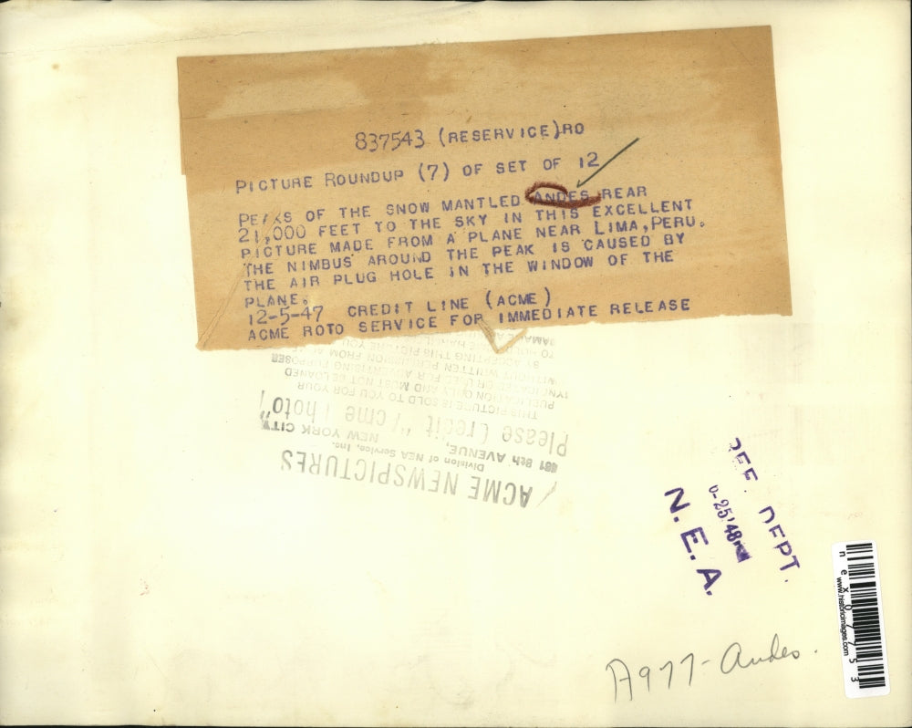 1948 Press Photo Andes Mountains Covered In Snow Lima Peru Shot From Plane