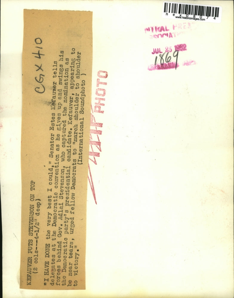 1952 Press Photo Senator Estes Kefauwer Democratic Convention