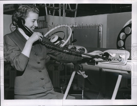 1955 Press Photo A visitor trying the Autophone during the 33rd industrial fair
