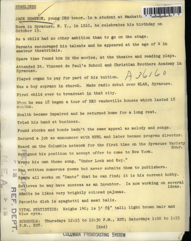 1936 Press Photo Jack Shannon, CBS tenor radio singer - nex08820