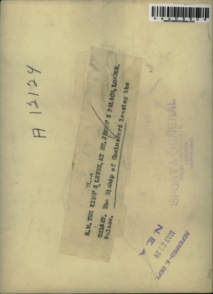 1929 Press Photo The Boshop of Chelmsford leaving the Palace