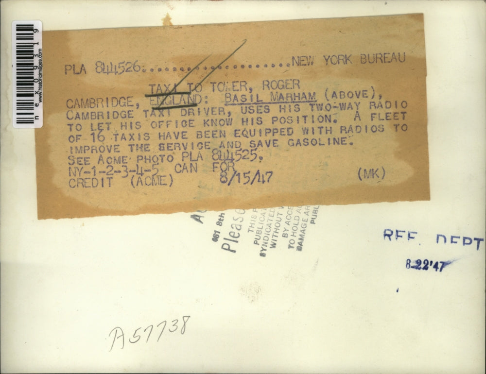 1947 Press Photo Basil Marham Uses Two-Way Radio to Improve Taxi Service