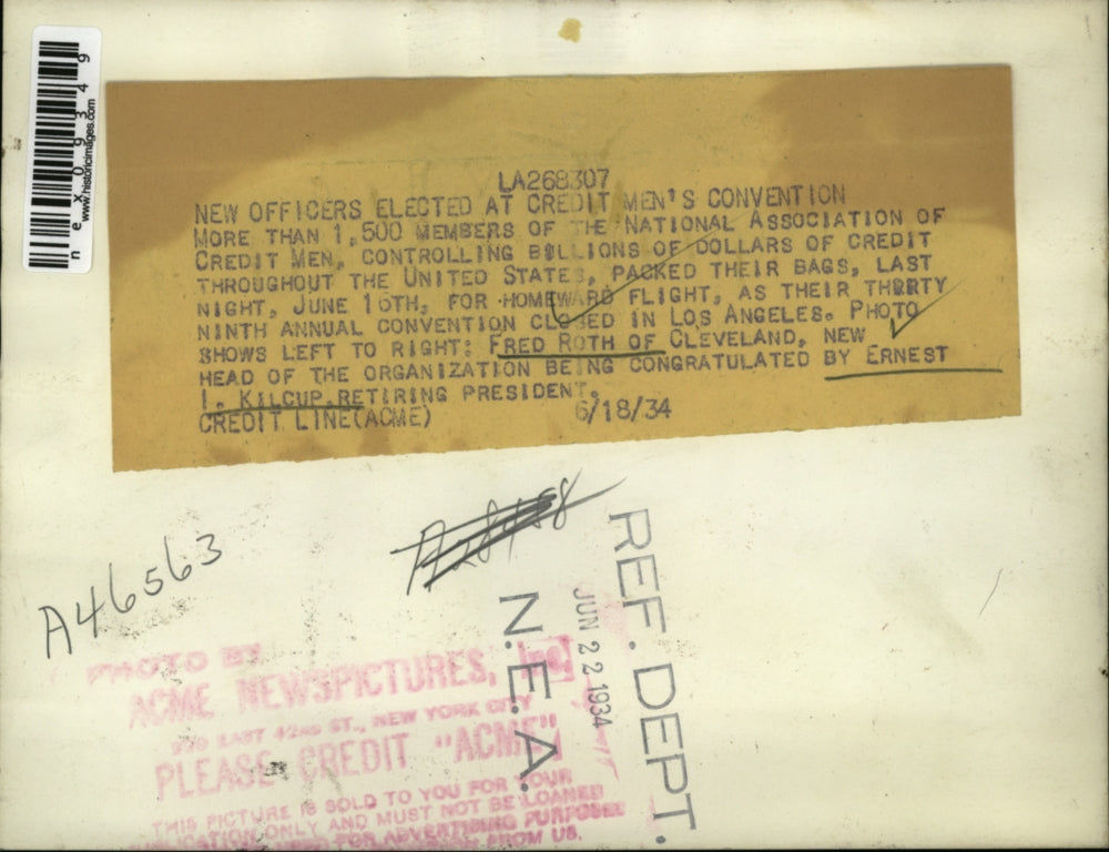 1934 Press Photo Fred Roth & Ernest Kilcup Elected Officers - nex09349