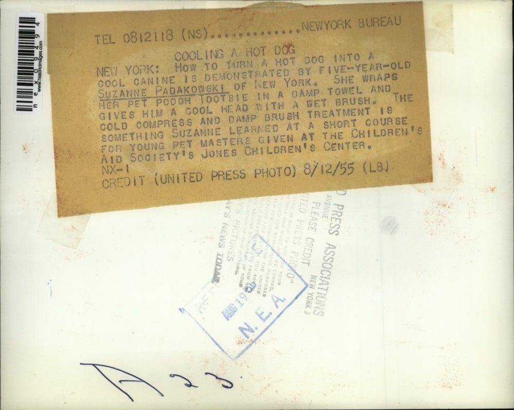 1955 Press Photo Cooling a hot dog with a damp towel and wet brush.