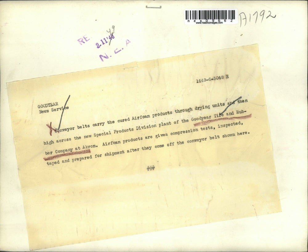 1948 Press Photo Goodyear Tire & Rubber Co Akron, Ohio airfoam products conveyor