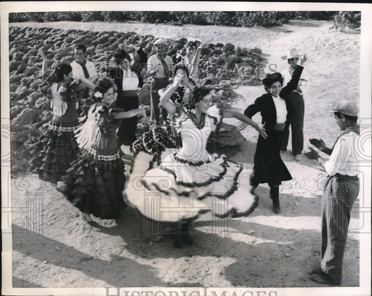 1955 Press Photo Jerez Sherry group wearing traditional Andalusian Costumes