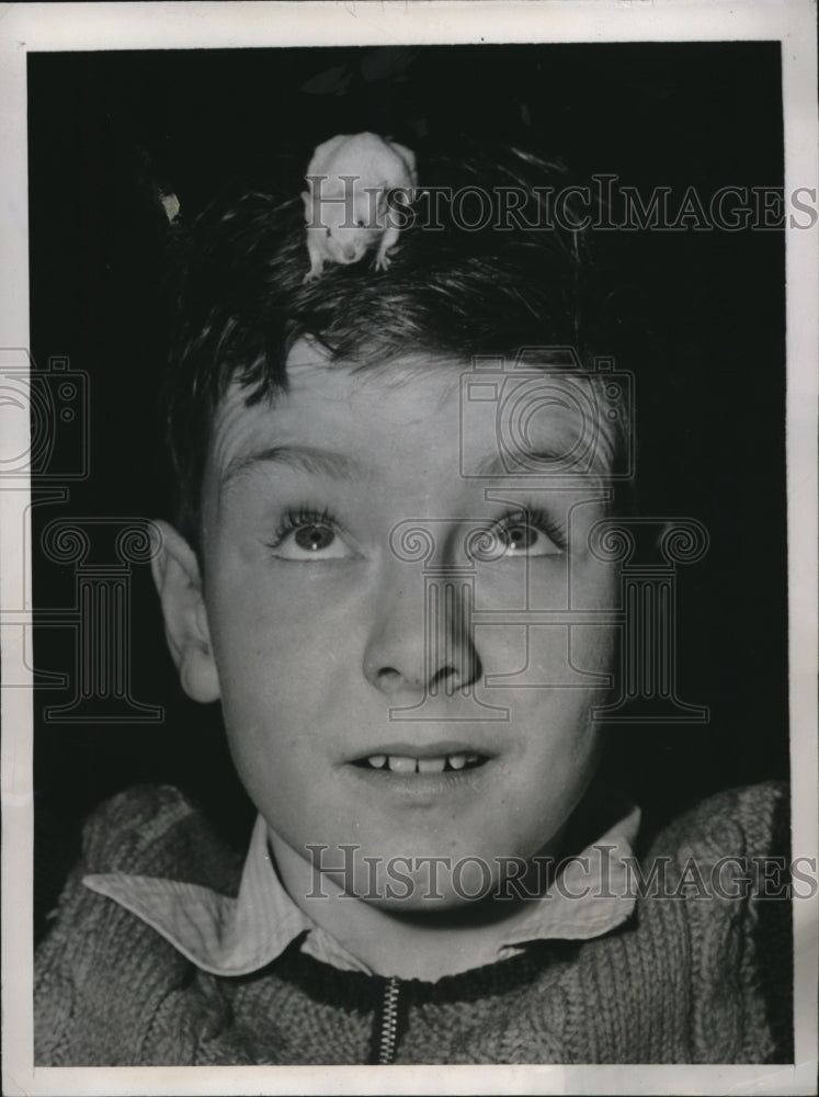 1947 Press Photo Thomas Hayden & pet mouse, Richard, in 25th Annual Pet Show