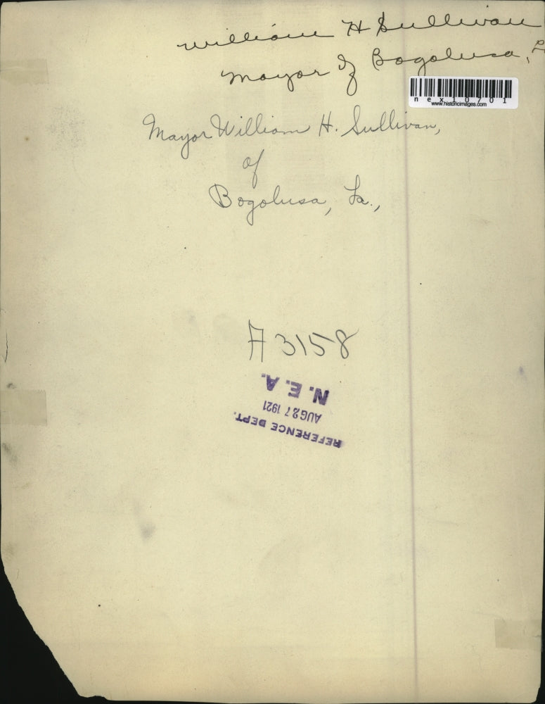 1921 Press Photo William H. Sullivan Mayor of Bogolusa, La. - nex10701