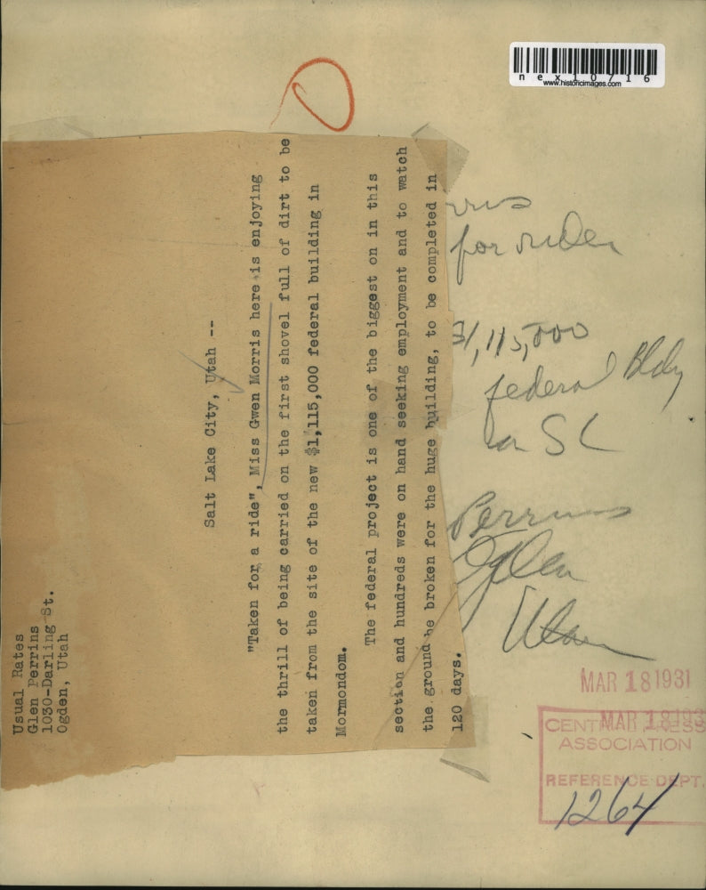 1931 Press Photo Miss Gwen Morris Gets To Ride A Shovel full of dirt - nex10716