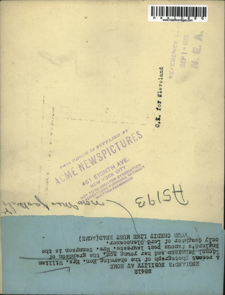 1926 Press Photo Mrs. William Lionel Tennyson - nex10886