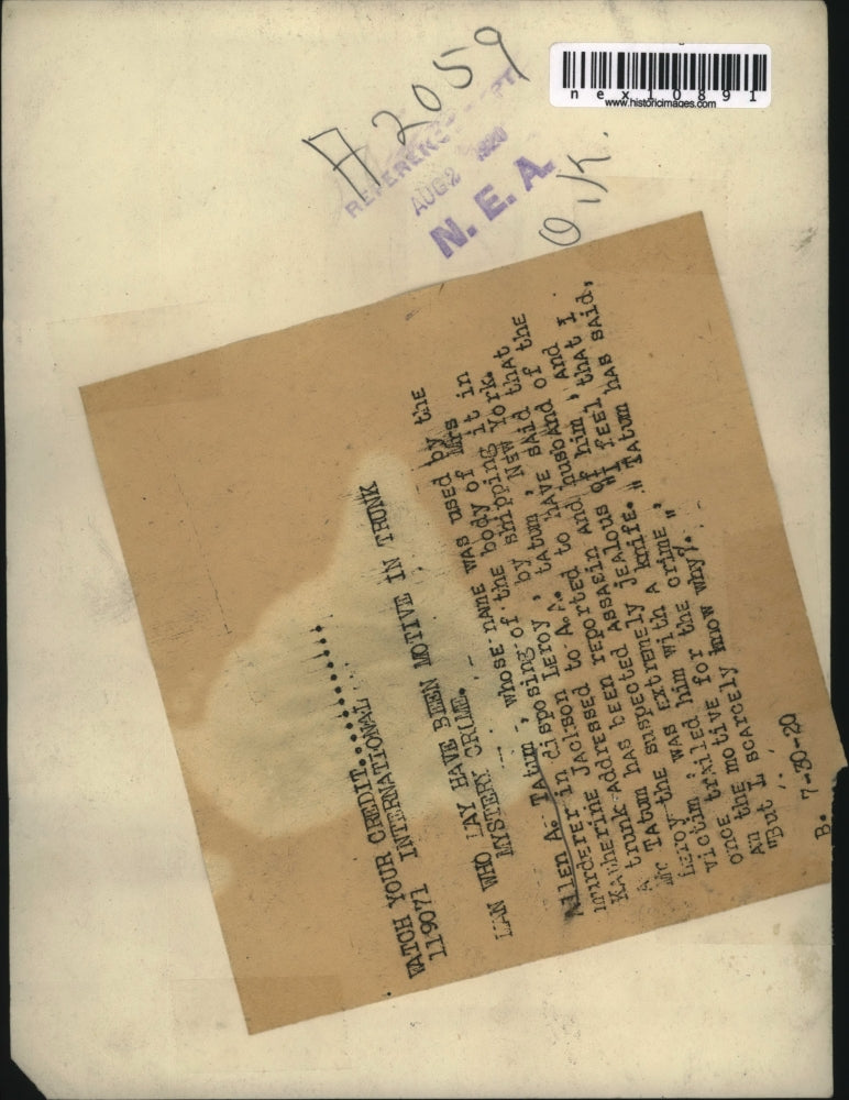 1920 Press Photo Allen a. Tatum ,name used by murderer of Mrs.K. Leroy