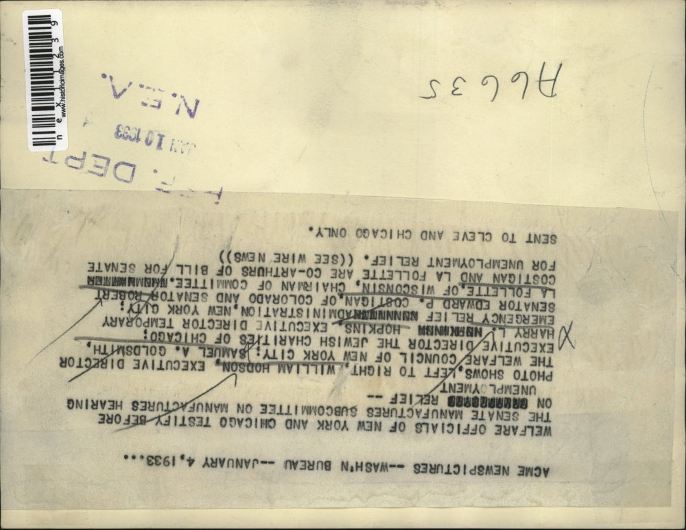 1933 Press Photo welfare officials testify before Senate Comittee