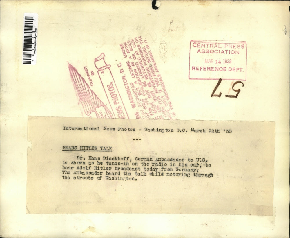 1938 Press Photo Dr Hans Dicckhoff German Ambassador To US Listens To Fuhrer Tal