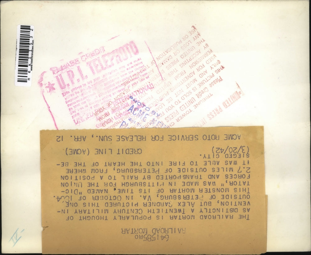 1942 Press Photo Railroad Mortar In 1864. Used To Fire Into Petersburg, Va