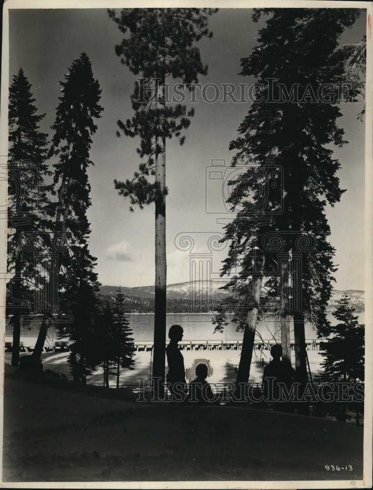 1931 Press Photo People Silhouetted at Snow Covered Pine Trees, Lake Tahoe