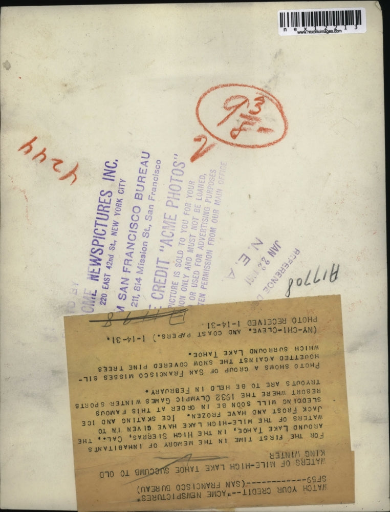 1931 Press Photo People Silhouetted at Snow Covered Pine Trees, Lake Tahoe