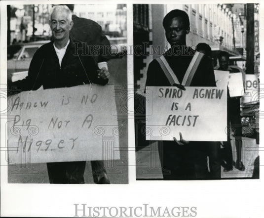 1969 Press Photo Spiro T. Agnew Demonstrators, Montgomery AL Jeff Davis Hotel