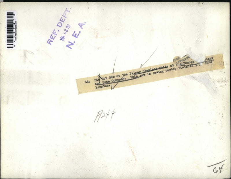 Load image into Gallery viewer, 1937 Press Photo Hot Saw Cutting Pipe, Pilger Seamless Mills, Youngstown Tube Co
