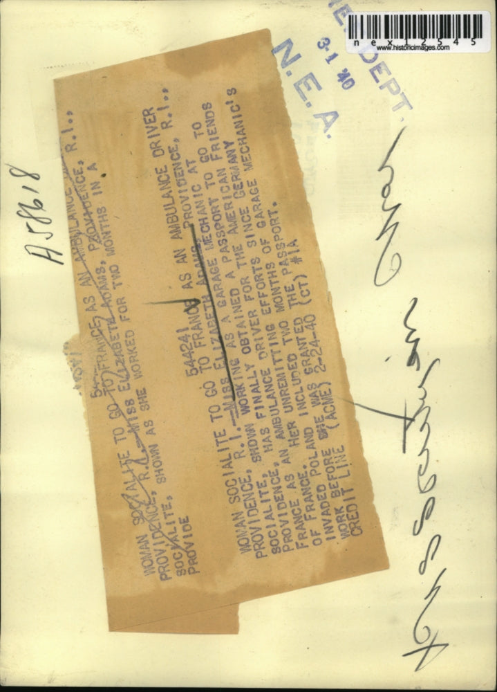 1940 Press Photo Elizabeth Adams R.I Socialite Will Go To France To Drive Ambula