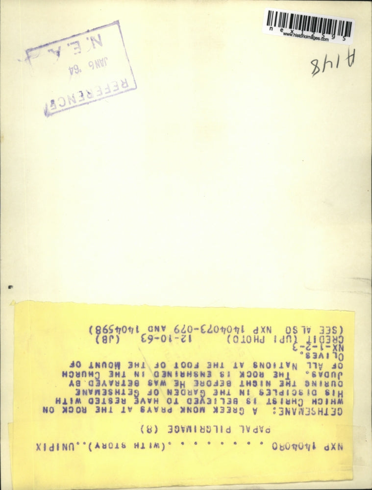 1963 Press Photo Greek Monk Prays in Garden of Gethsemane at Rock