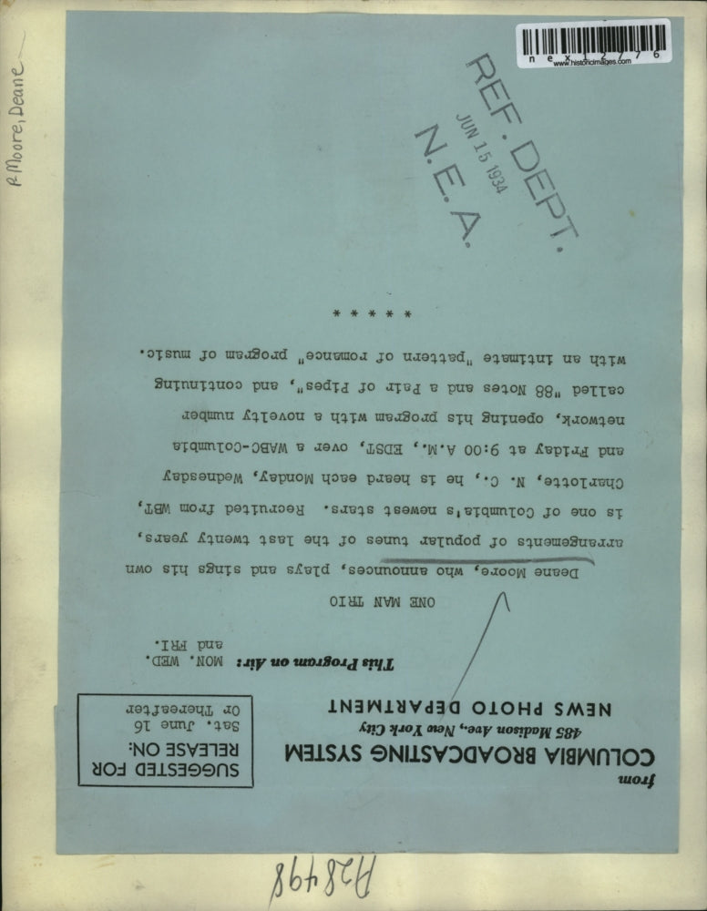 1934 Press Photo Deane Moore Composer Singer New Columbia Broadcast Star