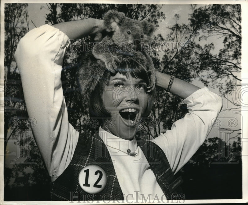 Load image into Gallery viewer, 1969 Press Photo American Airlines Hostess Has Cute Koala On Her Head In Brisban

