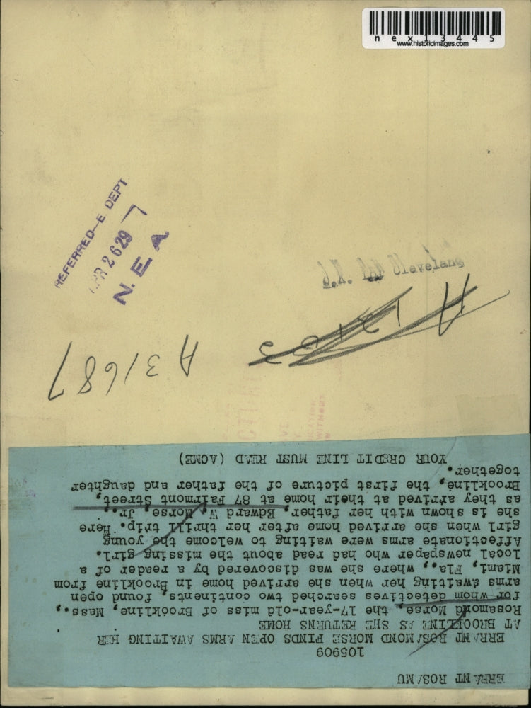 1929 Press Photo Rosamond Morse Found in Miami Returns to Brookline Edward Morse