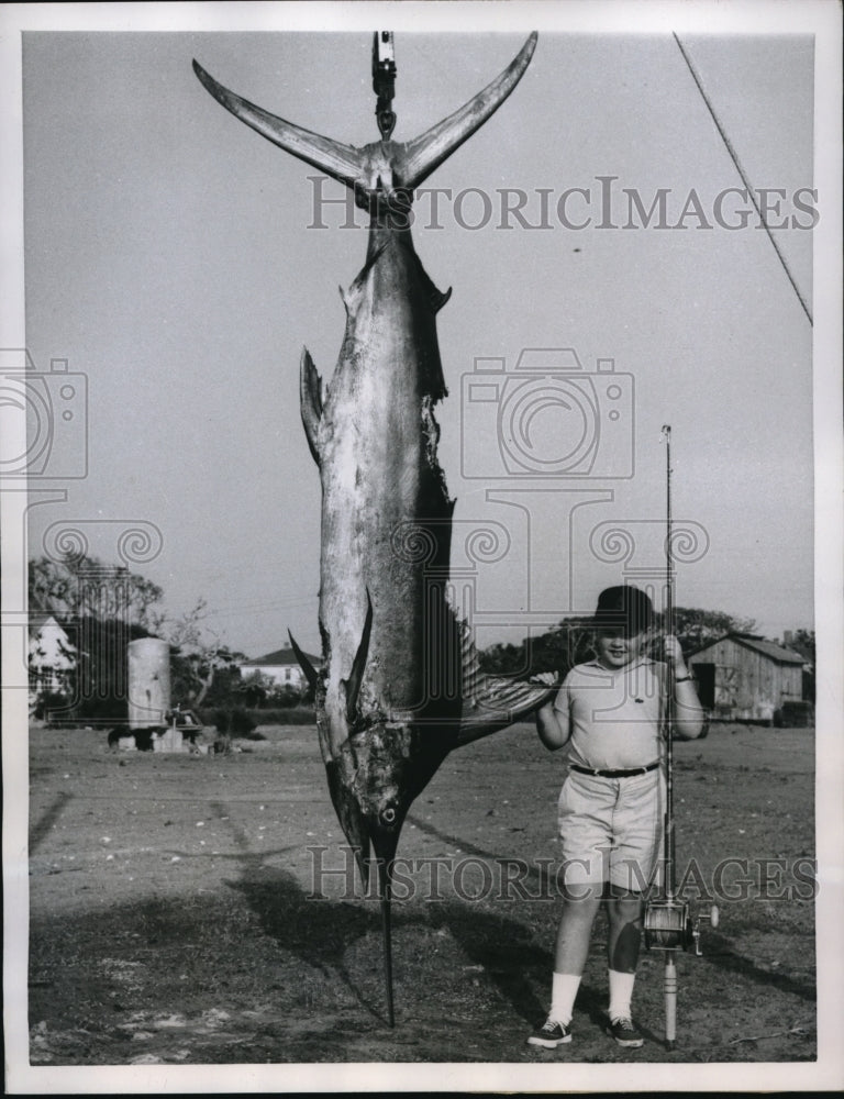 Load image into Gallery viewer, 1959 Press Photo Herbert Lee Wilkins, 11, poses with Blue Marlin
