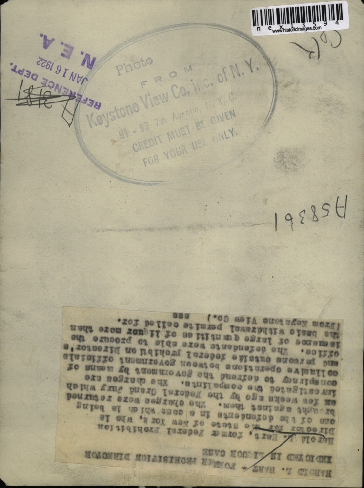 1922 Press Photo Harold L Hart Former New York Federal Prohibition Director